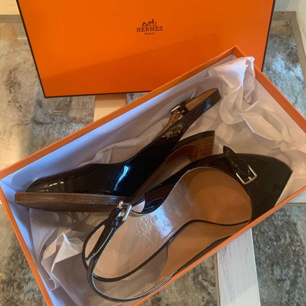 Vintage Hermès Black Patent Leather Slingback Heels~Size 37 - Picture 11 of 15